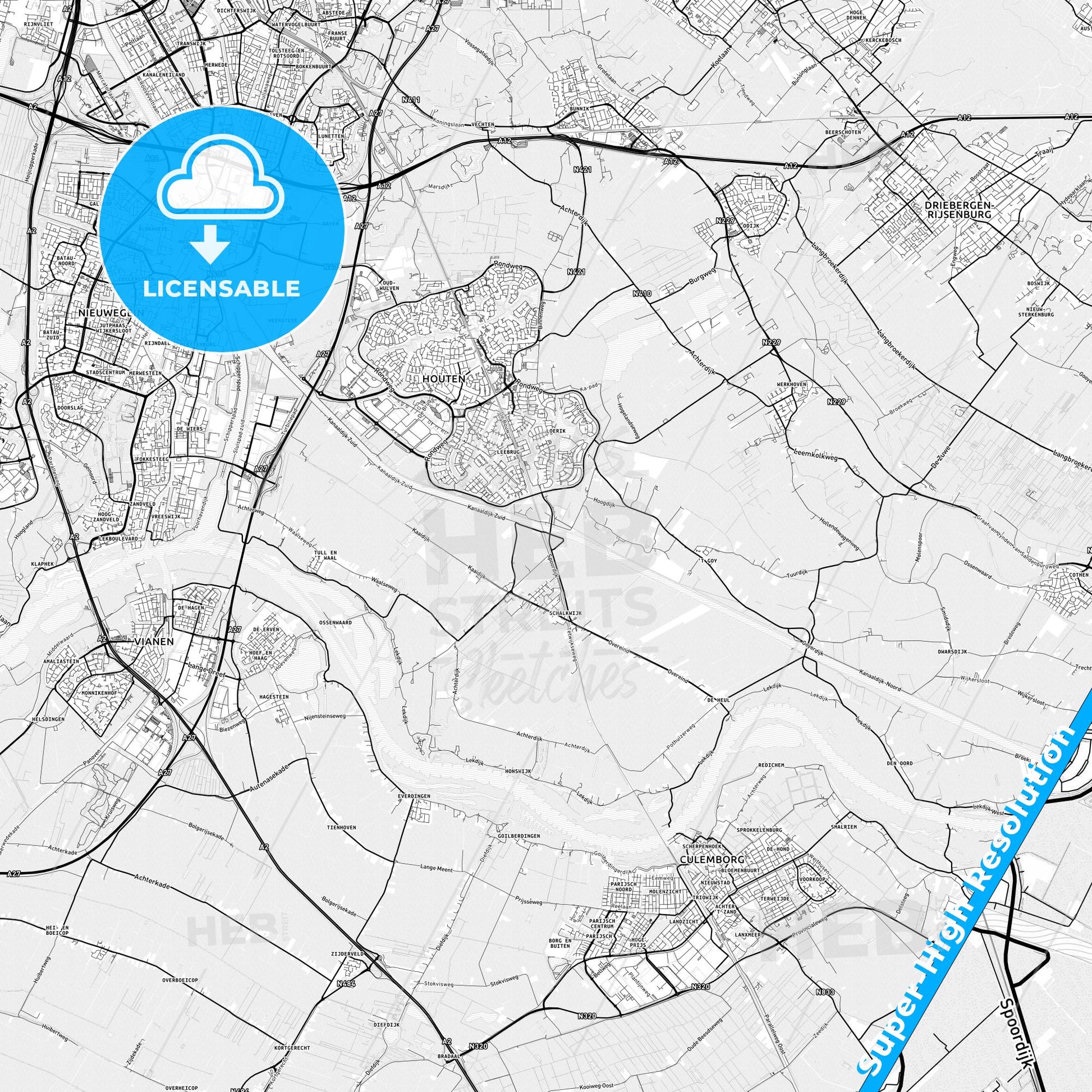 Houten, Netherlands light map with streetnames, citynames and districts