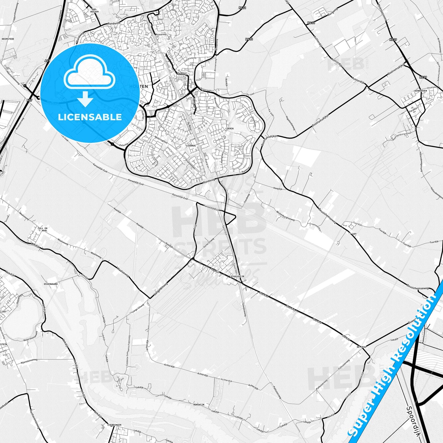 Houten, Netherlands Light Map with Street Names, City Names, and Districts