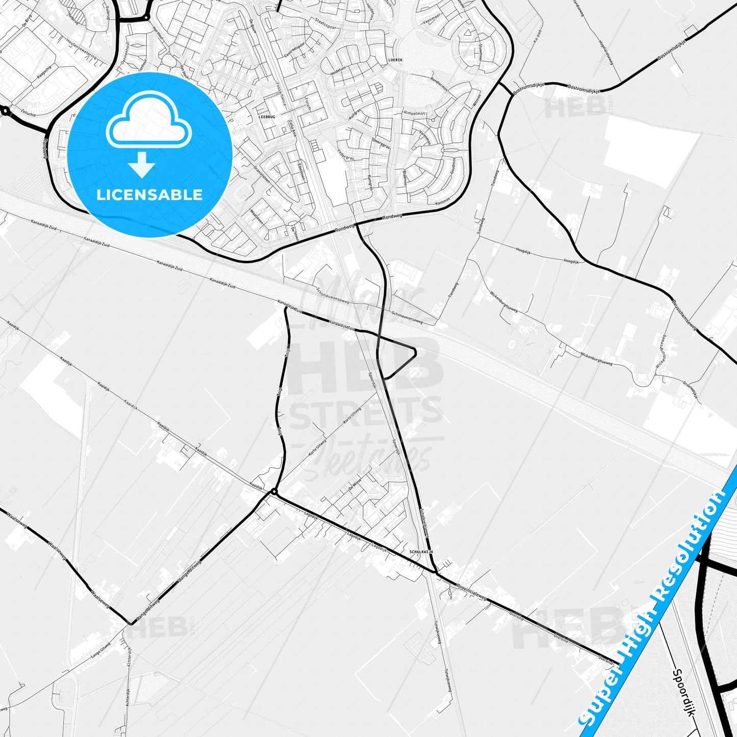 Houten, Netherlands Light Map with Street Names, City Names, and Districts