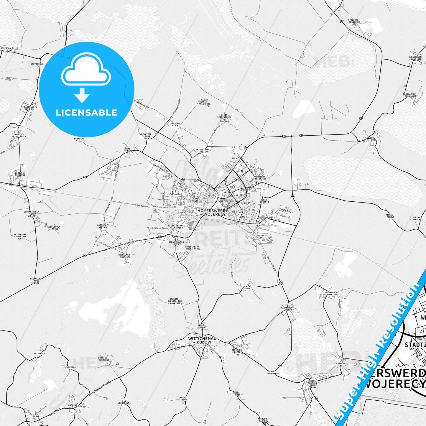 Hoyerswerda, Germany light map with streetnames, citynames and districts