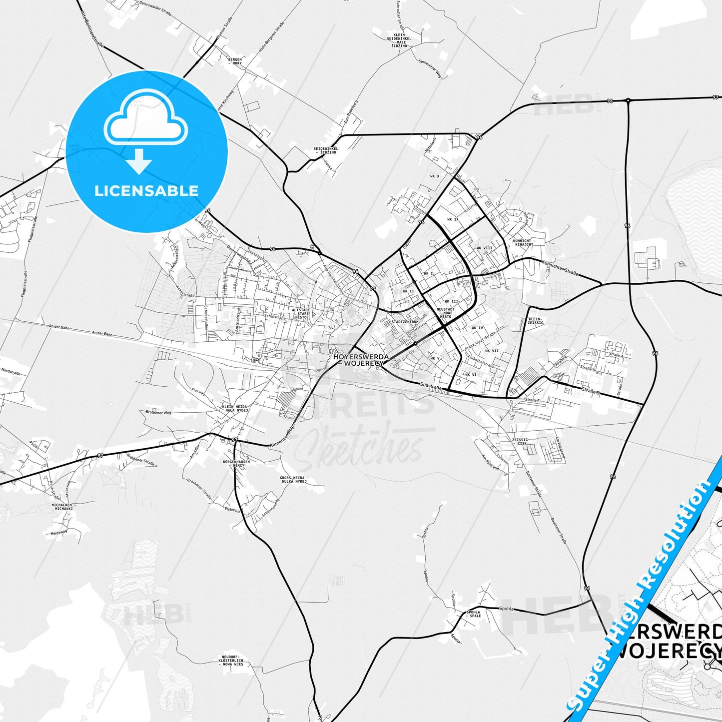 Hoyerswerda, Germany Light Map with Street Names, City Names, and Districts