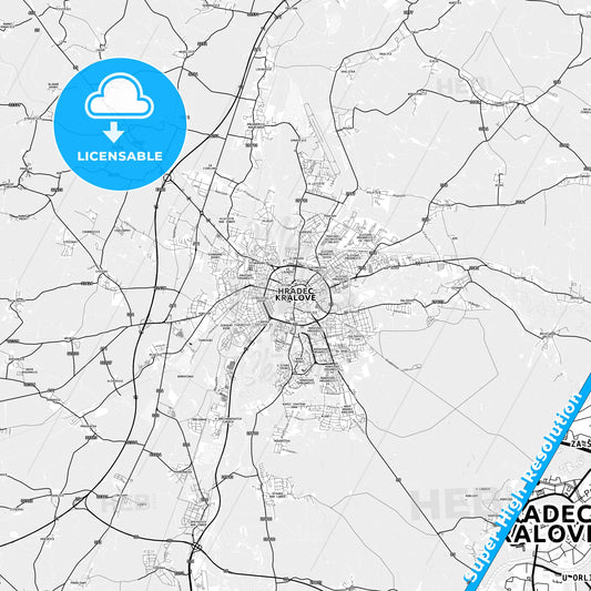 Hradec Králové, Czechia light map with streetnames, citynames and districts