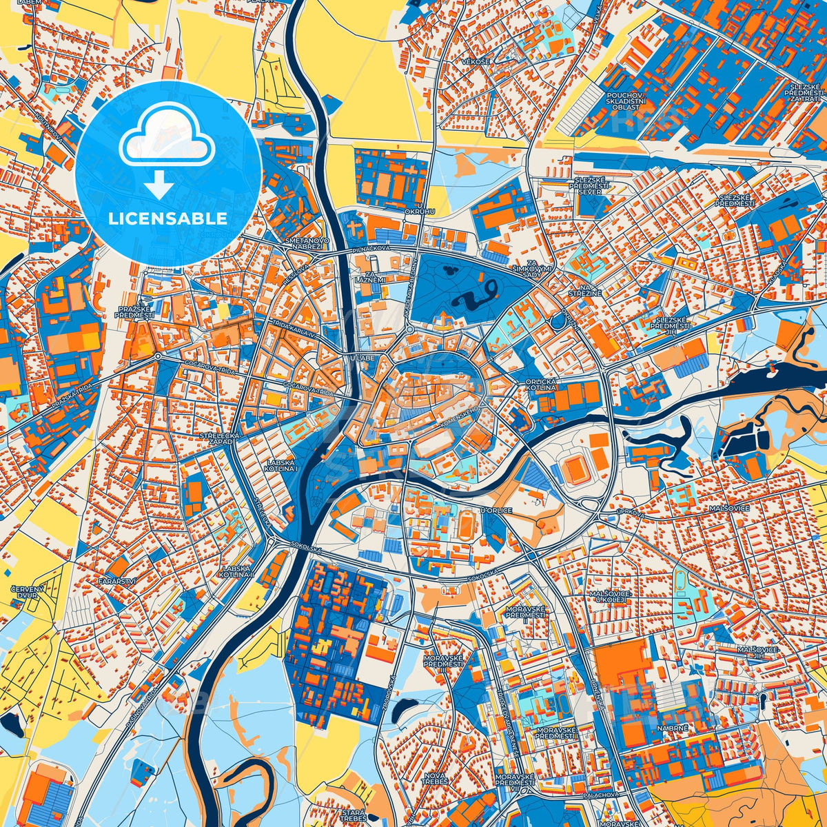 Colorful Hradec Králové Street Map with Labels and Buildings