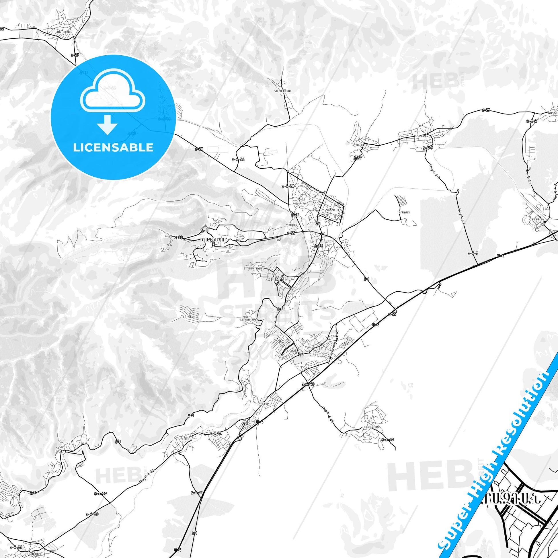 Hrazdan, Armenia light map with streetnames, citynames and districts
