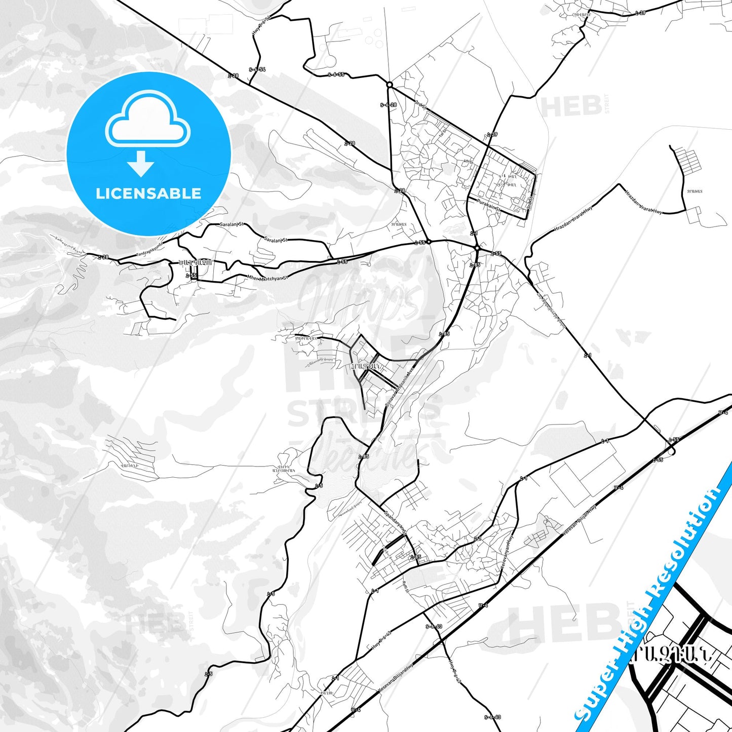 Hrazdan, Armenia Light Map with Street Names, City Names, and Districts