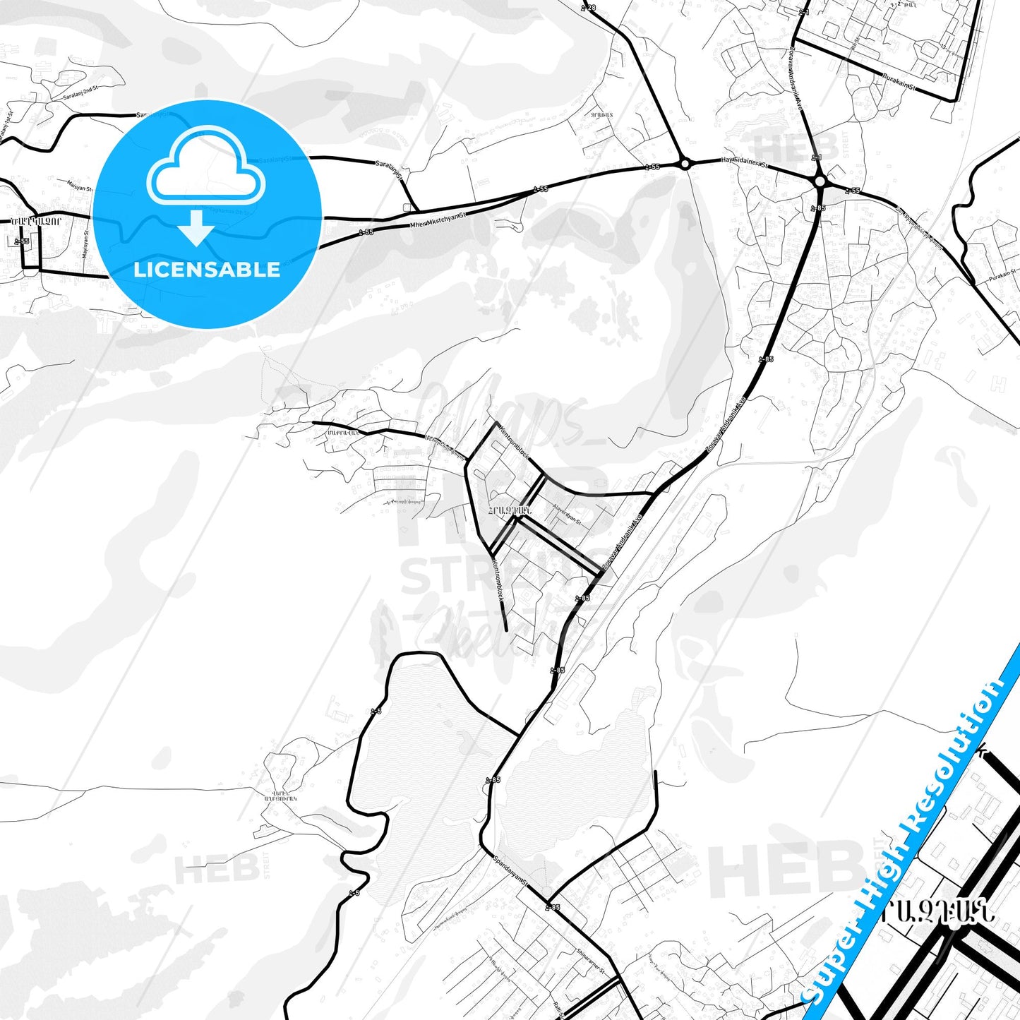 Hrazdan, Armenia Light Map with Street Names, City Names, and Districts
