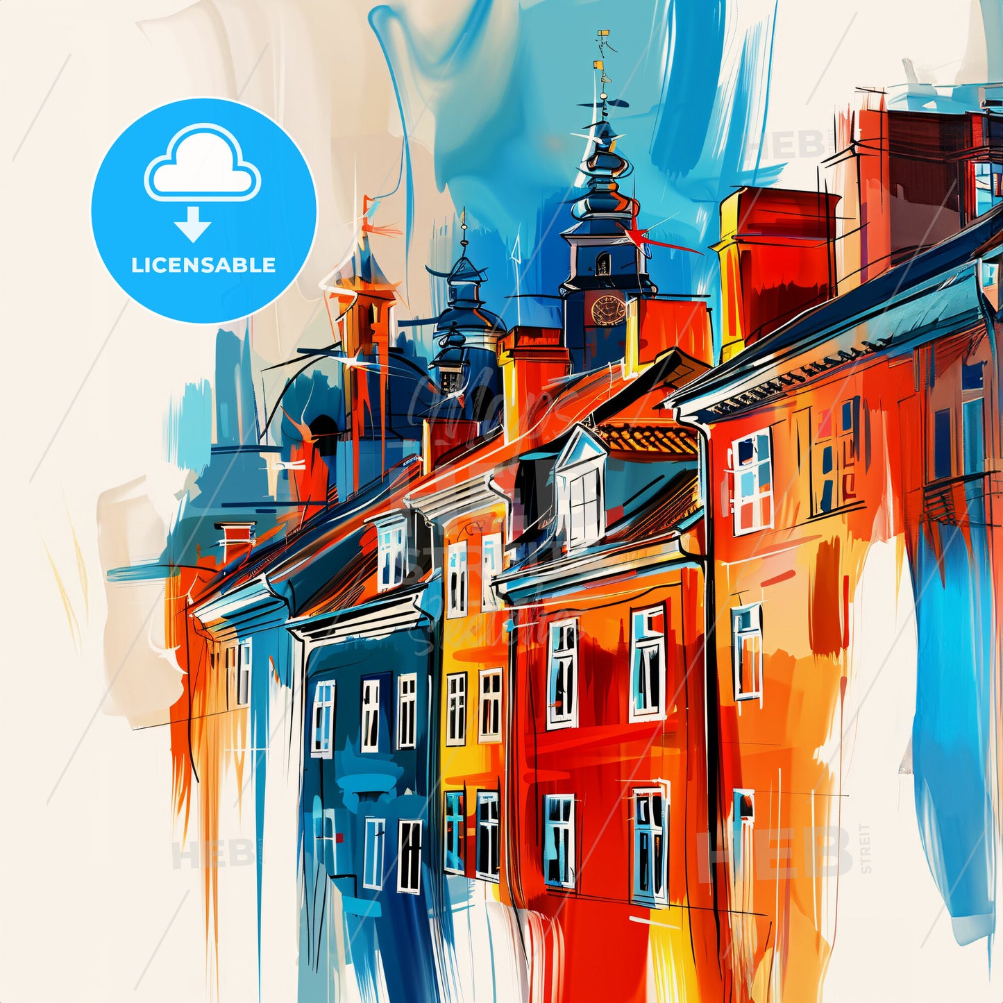 Vibrant Hørsholm, Denmark - A Painting Of Buildings With A Tower