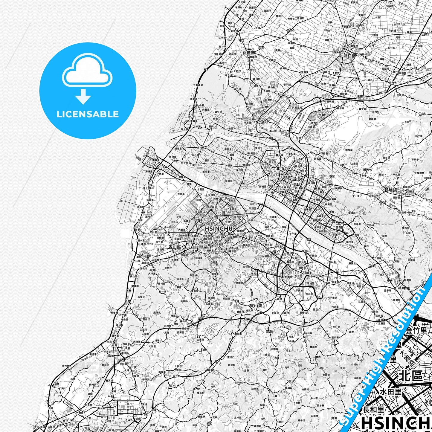 Hsinchu, Taiwan light map with streetnames, citynames and districts