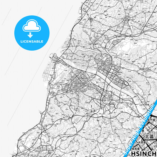 Hsinchu, Taiwan light map with streetnames, citynames and districts