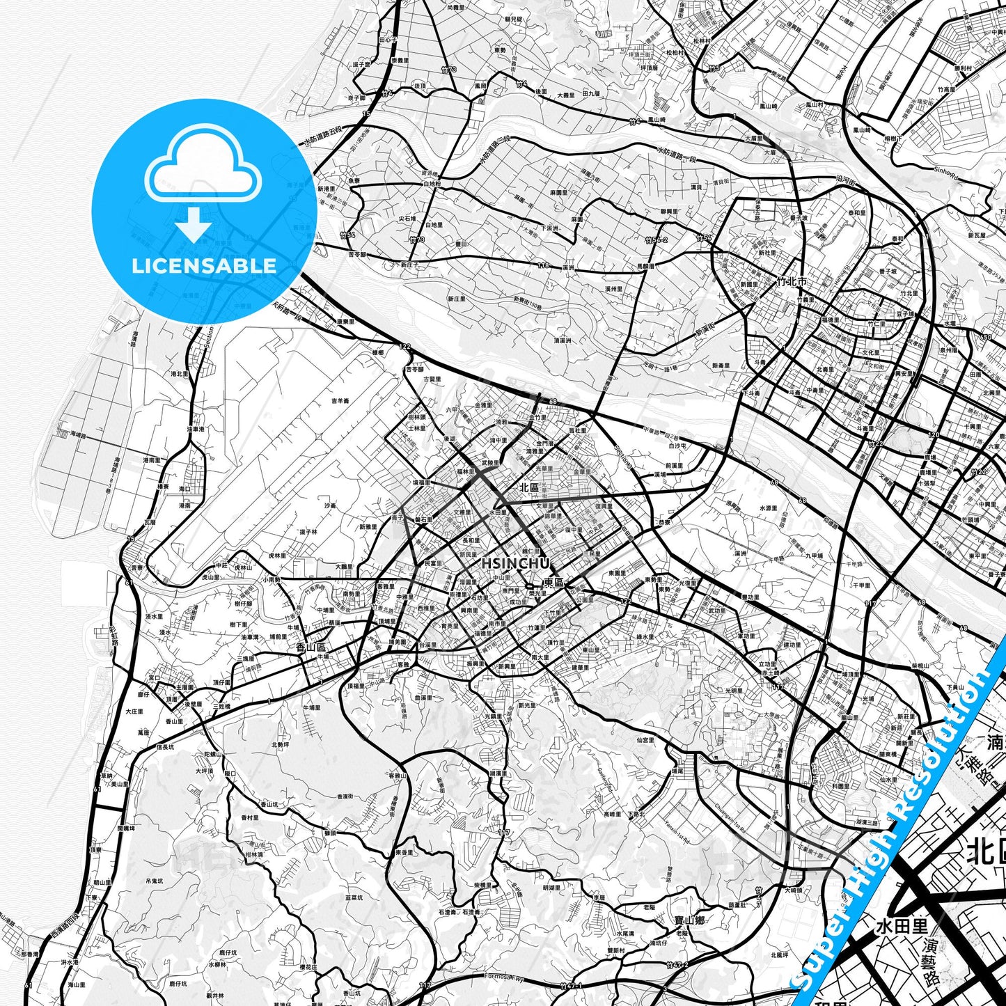 Hsinchu, Taiwan Light Map with Street Names, City Names, and Districts