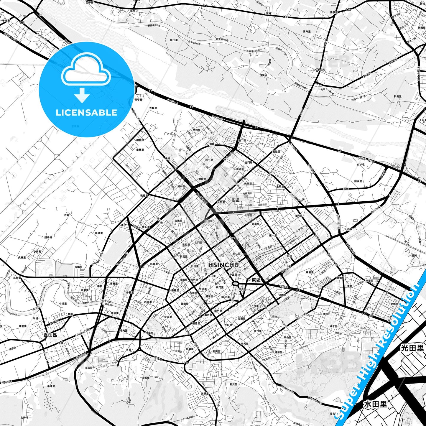 Hsinchu, Taiwan Light Map with Street Names, City Names, and Districts