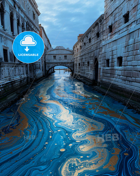 Marbled Splendor: Bridge of Ahlar Captured - A river with blue and gold paint