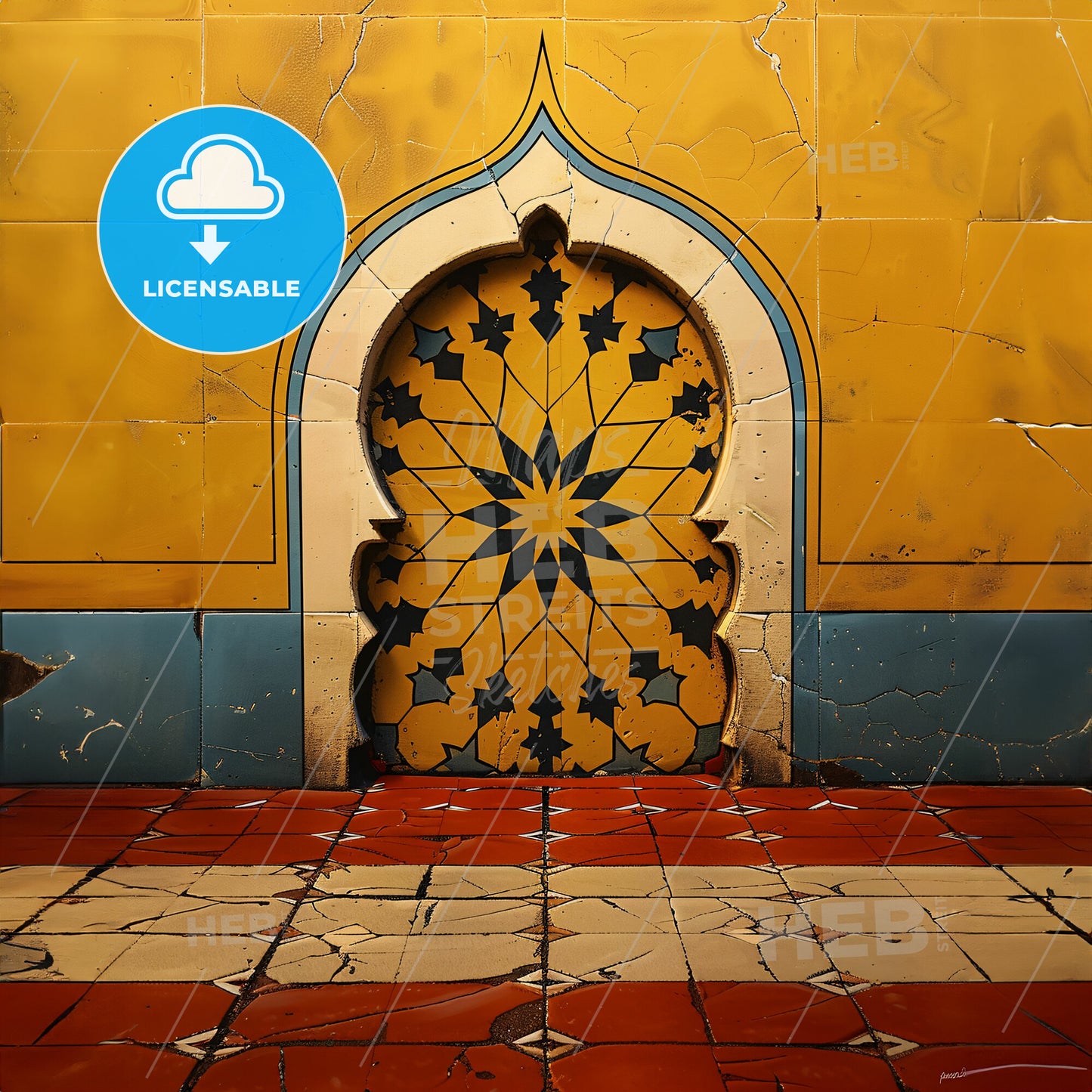 flat illustration of a Moroccan Traditional Moroccan zellige Arrange in authentic shapes like Hasba and Star, with the slight imperfections of handmade tiles - A yellow and blue tile wall with a patterned doorway