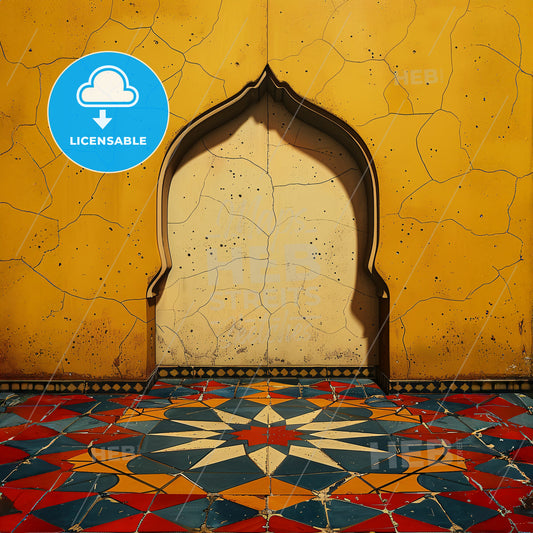 flat illustration of a Moroccan Traditional Moroccan zellige Arrange in authentic shapes like Hasba and Star, with the slight imperfections of handmade tiles - A yellow wall with a colorful floor