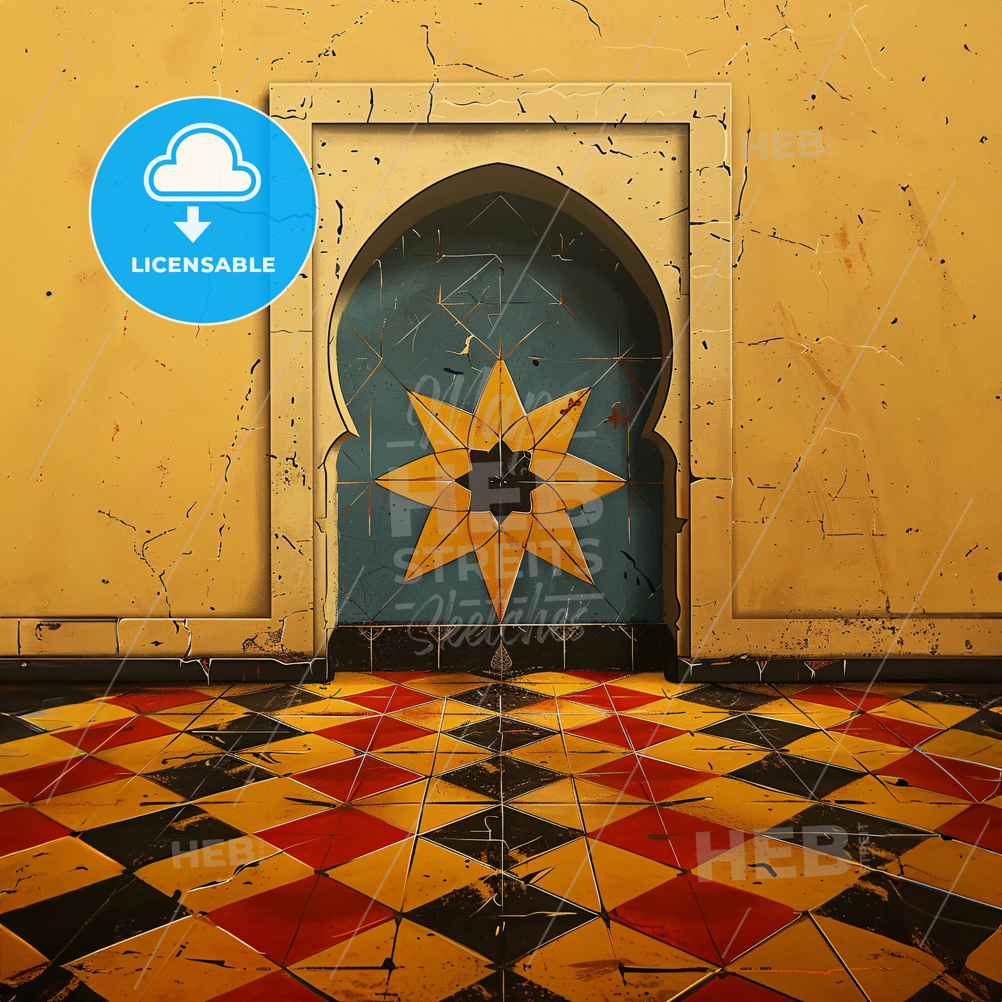 flat illustration of a Moroccan Traditional Moroccan zellige Arrange in authentic shapes like Hasba and Star, with the slight imperfections of handmade tiles - A wall with a tile floor and a star on it