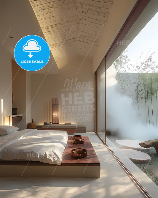 Modern B&B guest room with large window, vibrant painting, minimalist decor, white walls, undulating green grassy ground, stones, trees, white smoke, gray ground, sunlight projected through bamboo