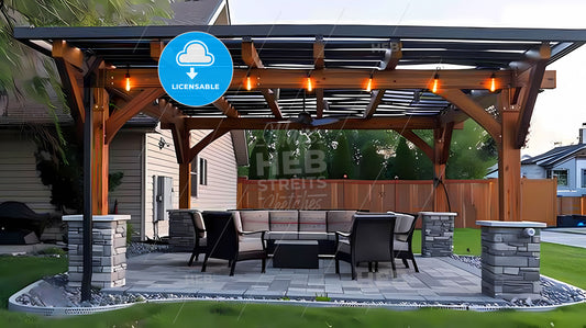 Vibrant Metal-and-Wood Pergola Patio Design with Table and Chairs