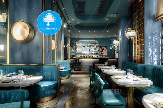 Elegant Parisian Restaurant Interior with Blue and Gold Furniture and a Focus on Vibrant Artwork