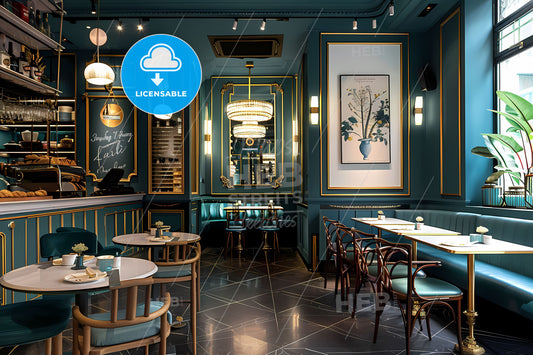 Chic Parisian-Inspired Restaurant Interior with Contemporary Aesthetics and Vibrant Art Mural