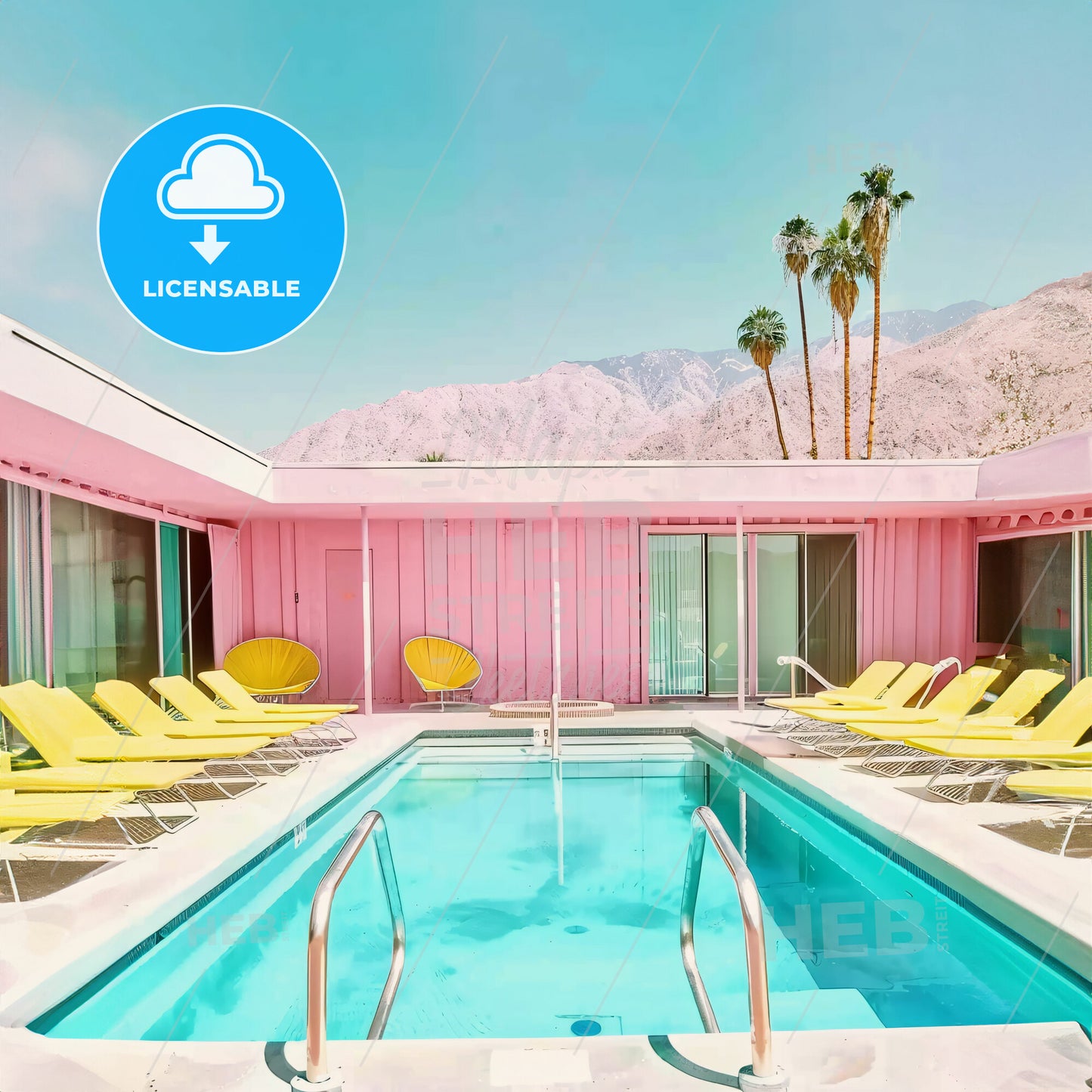 A Pool With Chairs And A Pink Building