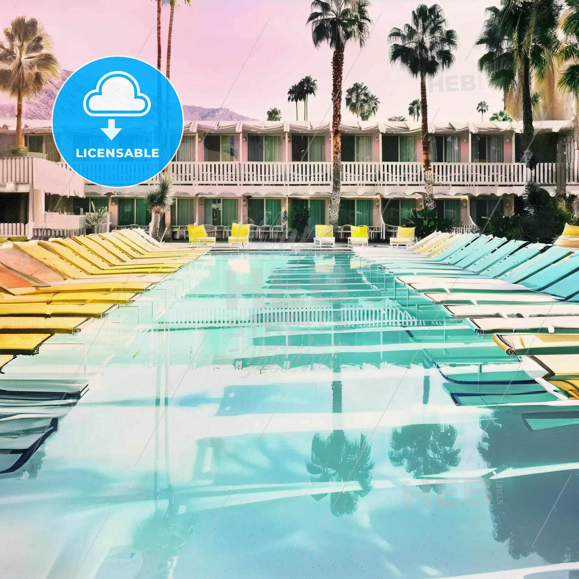 A Pool With Chairs And Palm Trees