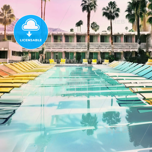 A Pool With Chairs And Palm Trees
