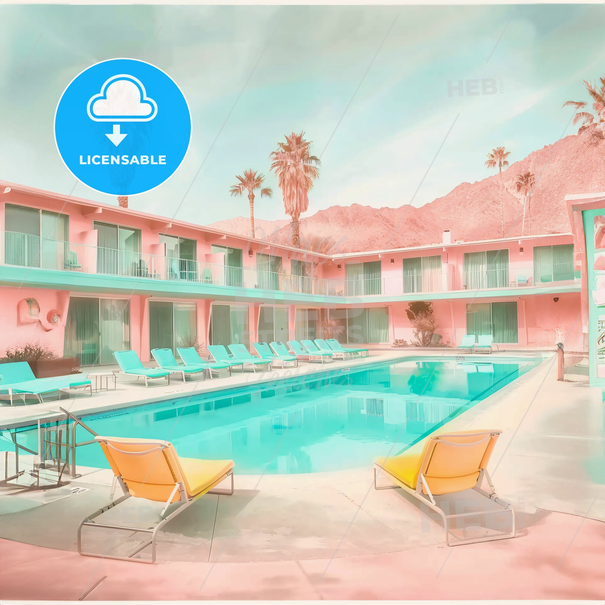 A Pool With Chairs In Front Of A Pink Building