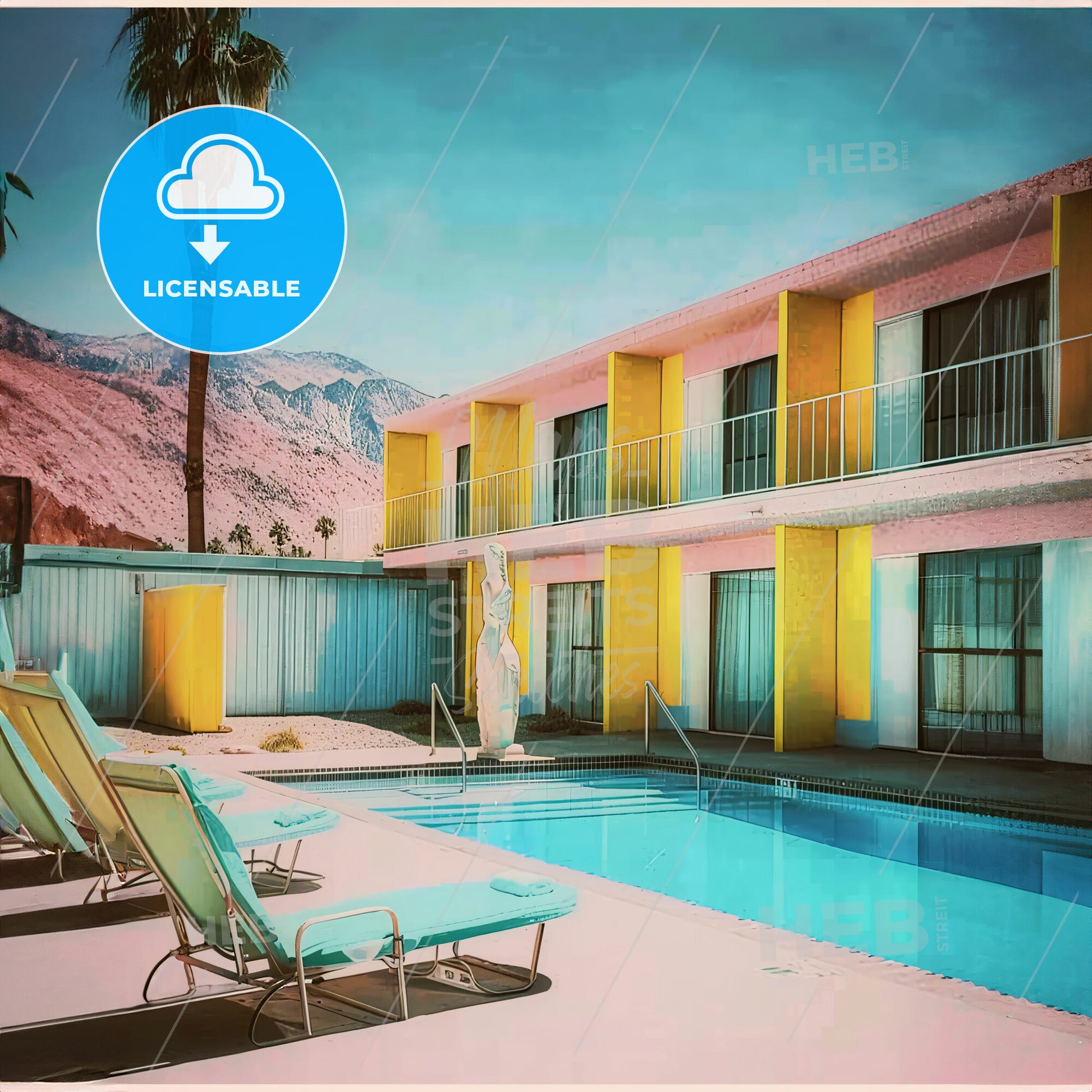 A Pool With Chairs In Front Of A Building