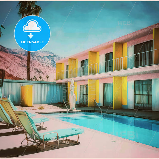 A Pool With Chairs In Front Of A Building