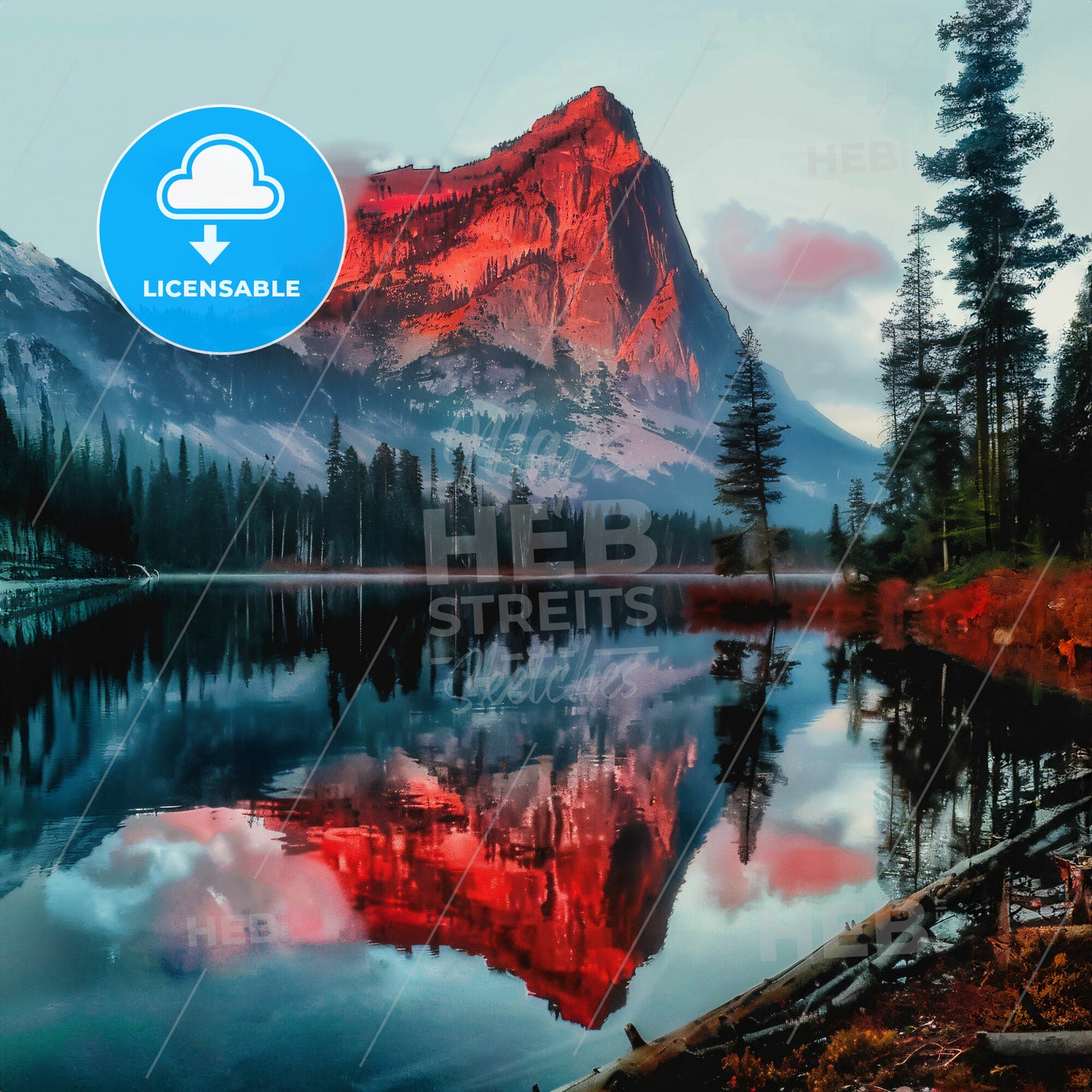 A Mountain With Red Light Reflecting In A Lake