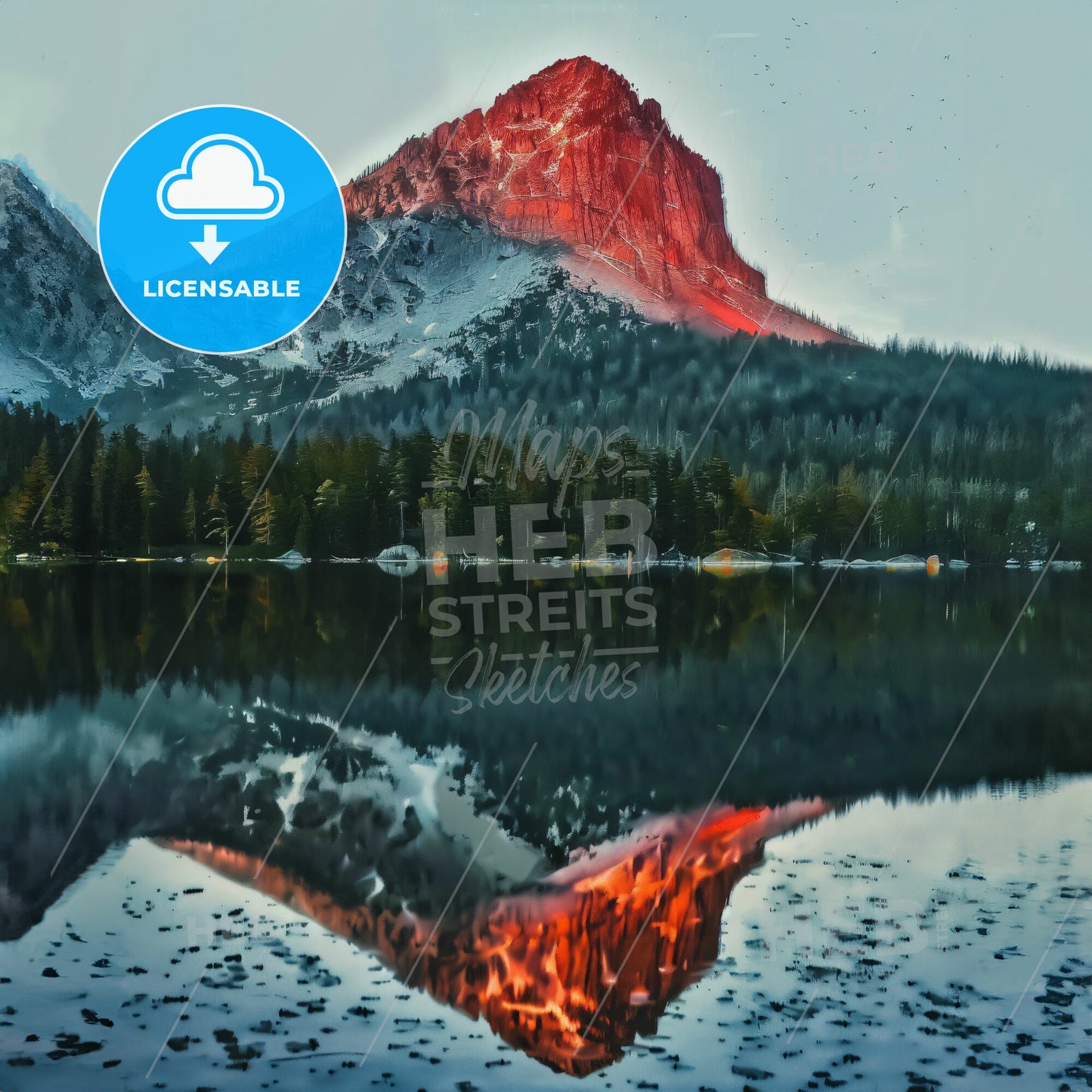 A Mountain With A Red Peak Reflected In A Lake