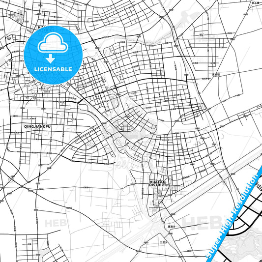 Huai an, China light map with streetnames, citynames and districts