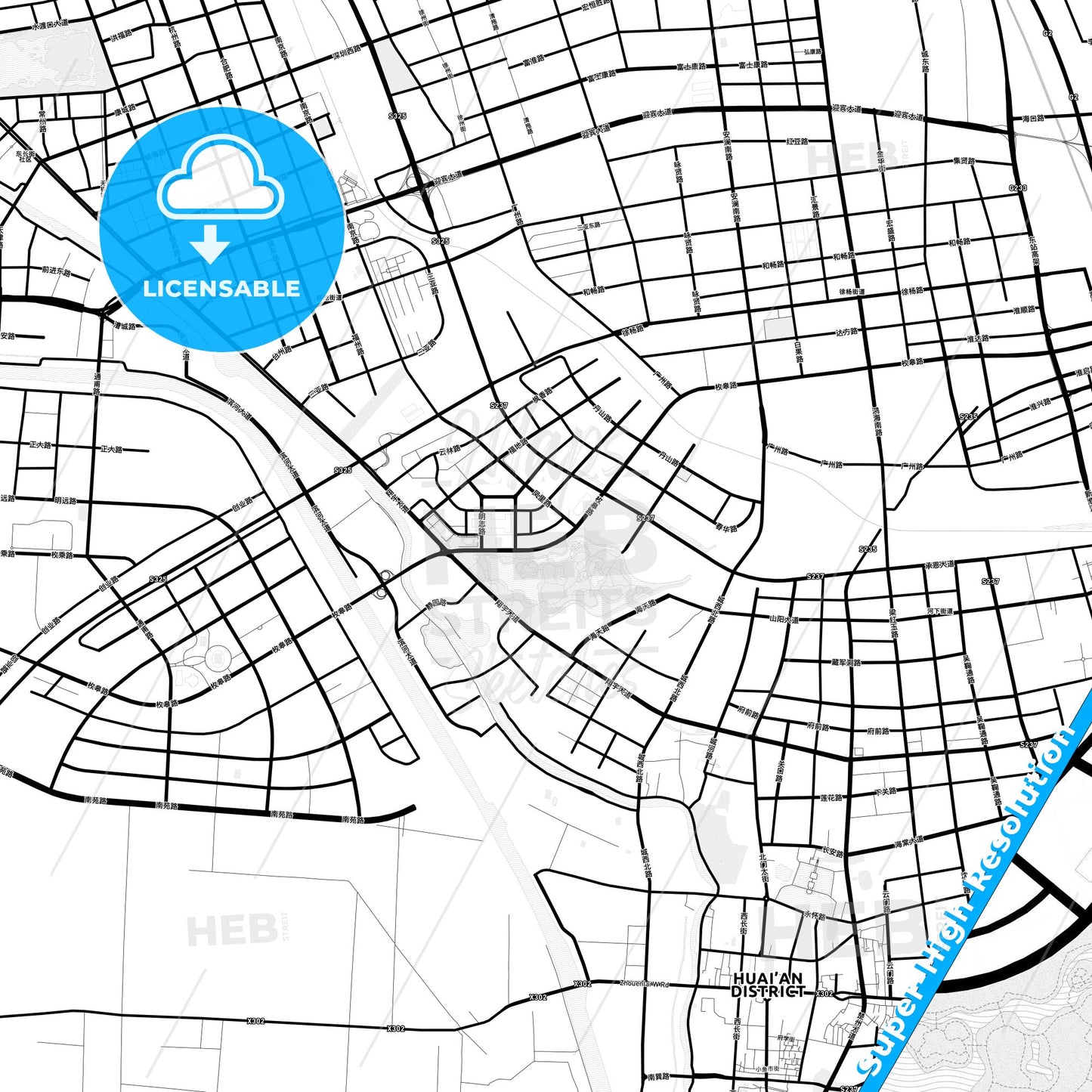 Huai an, China Light Map with Street Names, City Names, and Districts