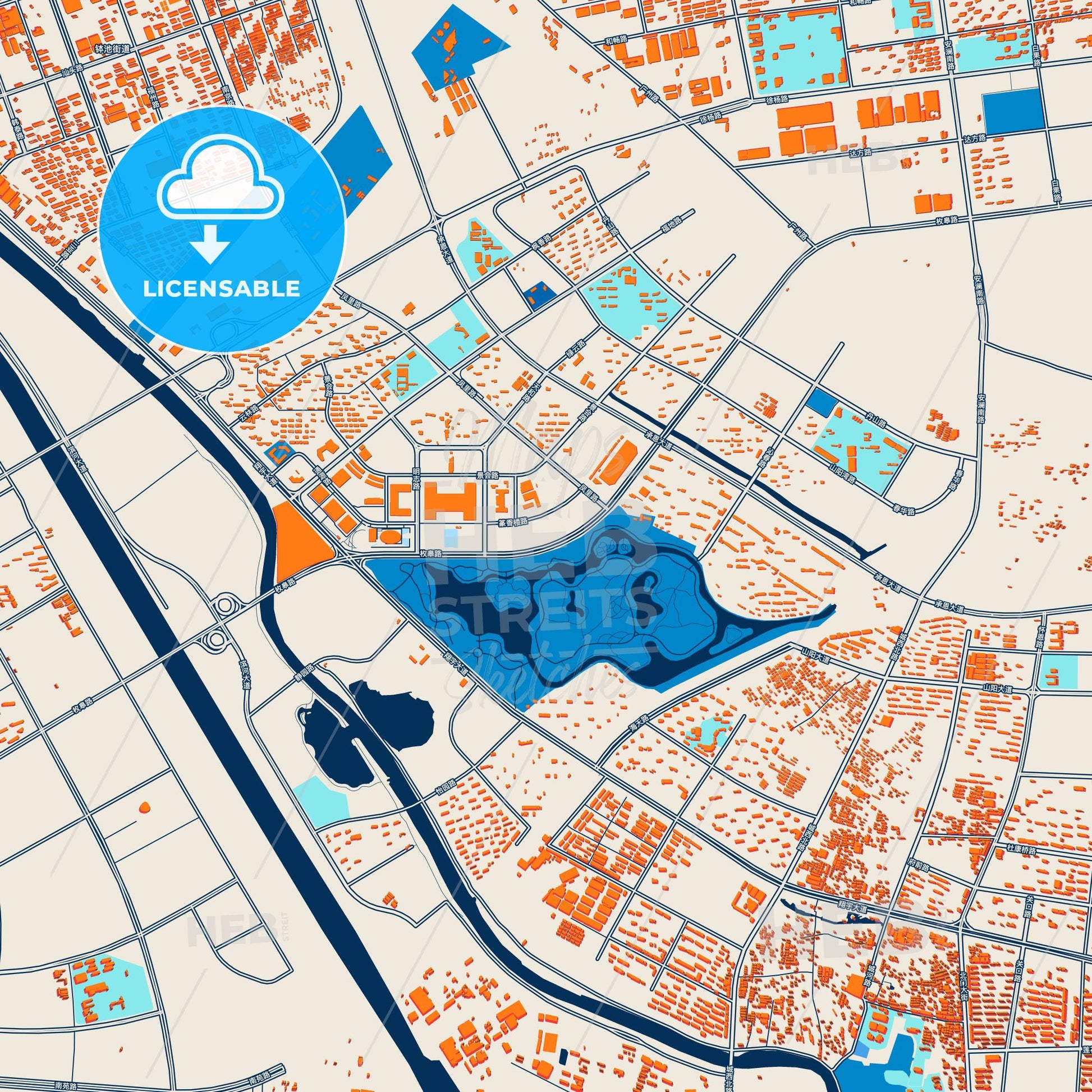 Colorful Huai an Street Map with Labels and Buildings