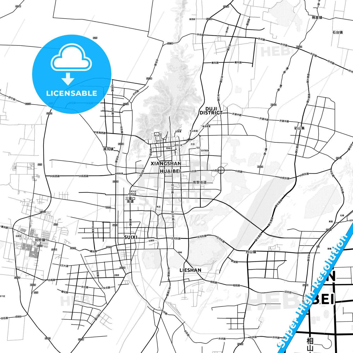 Huaibei, China light map with streetnames, citynames and districts