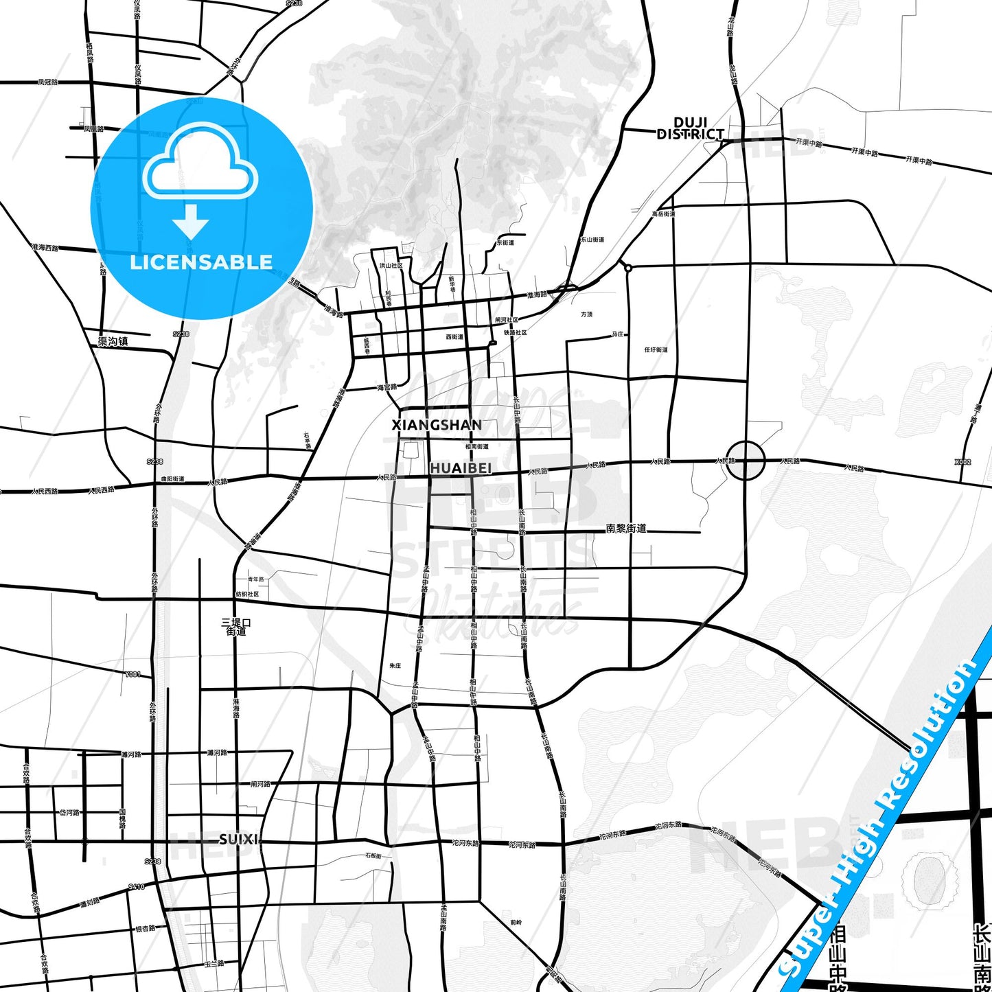 Huaibei, China Light Map with Street Names, City Names, and Districts