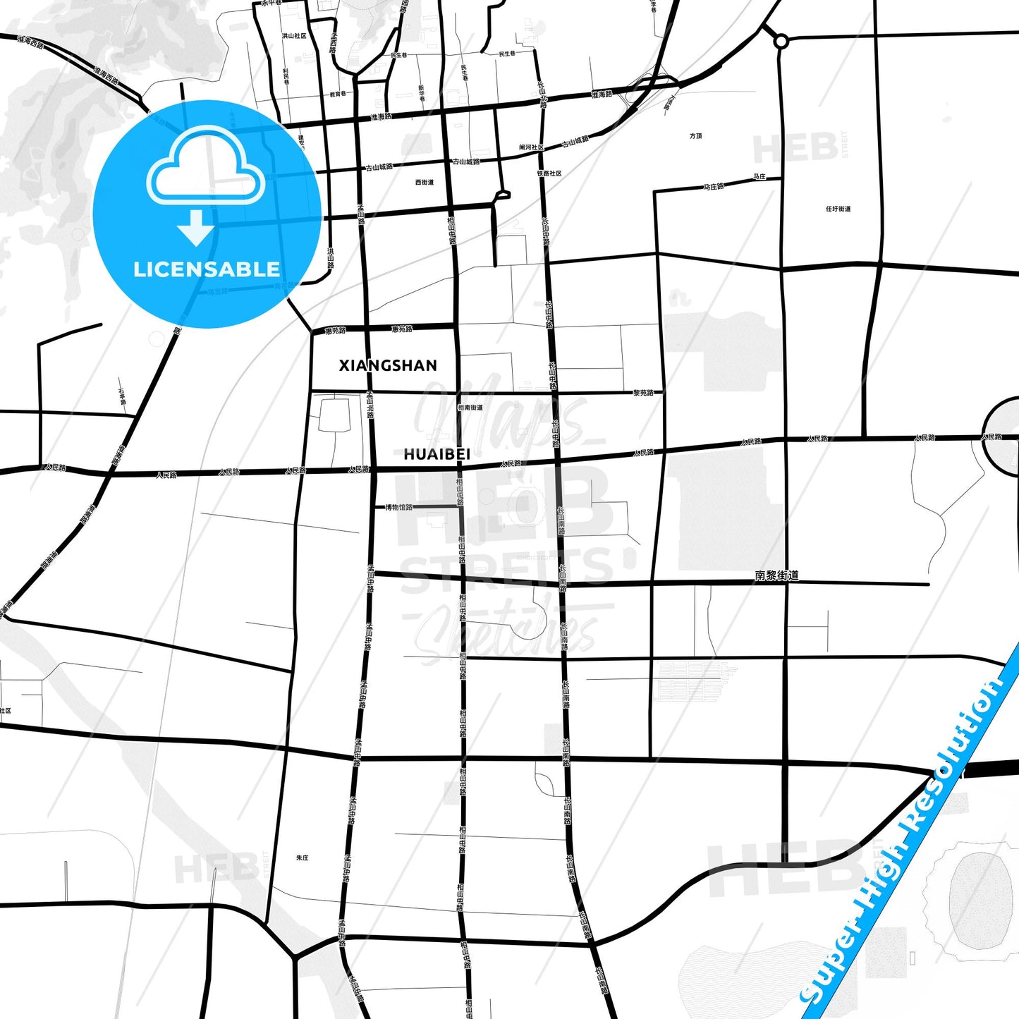 Huaibei, China Light Map with Street Names, City Names, and Districts