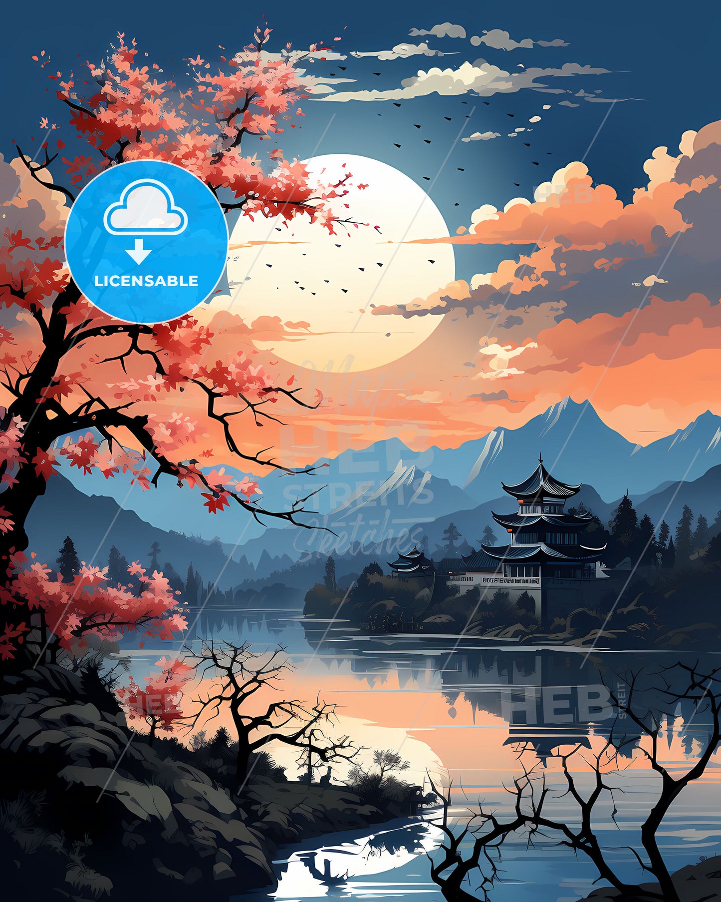 Vibrant Painting of Huaibei China Skyline with Pagoda and Lake under Full Moon