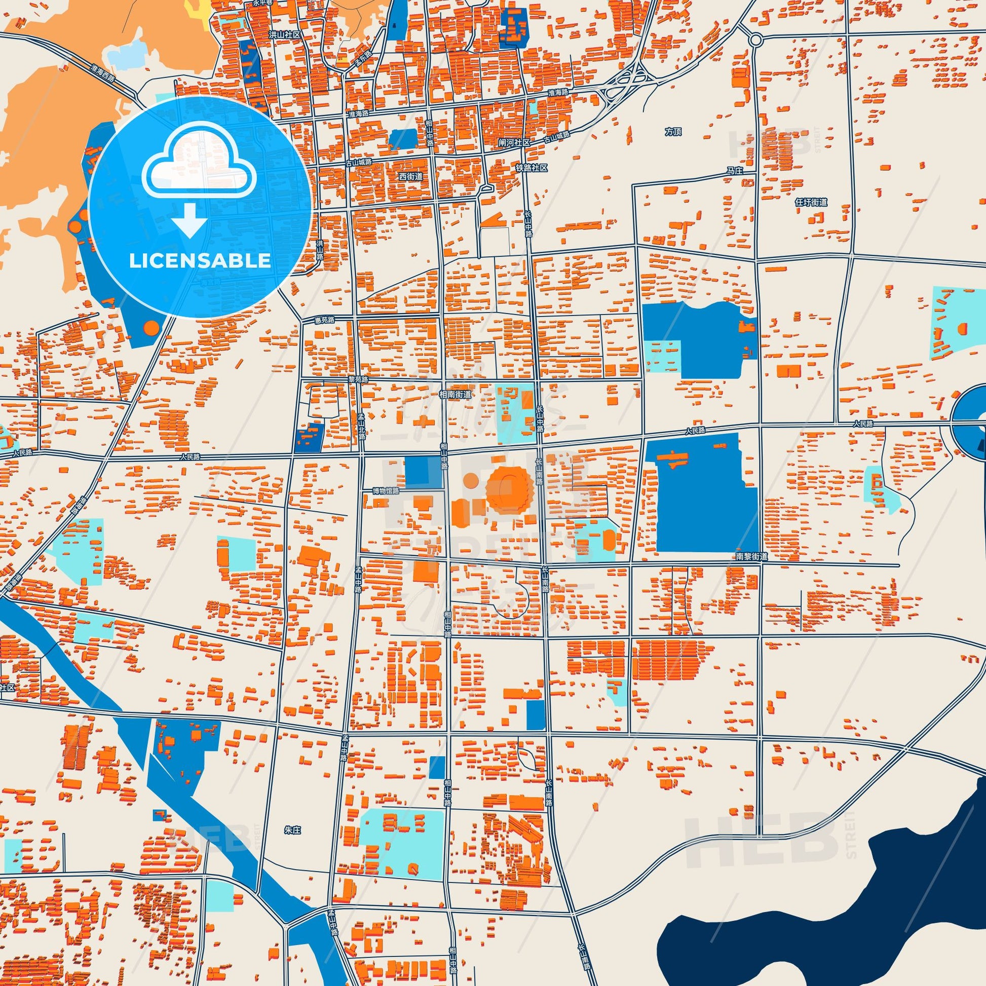 Colorful Huaibei Street Map with Labels and Buildings
