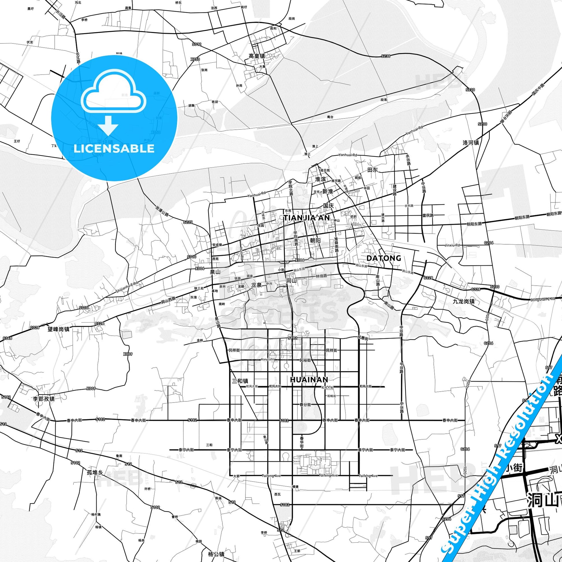 Huainan, China light map with streetnames, citynames and districts