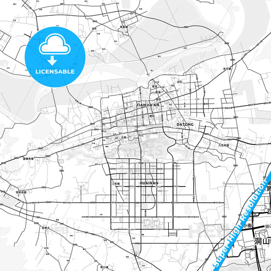 Huainan, China light map with streetnames, citynames and districts