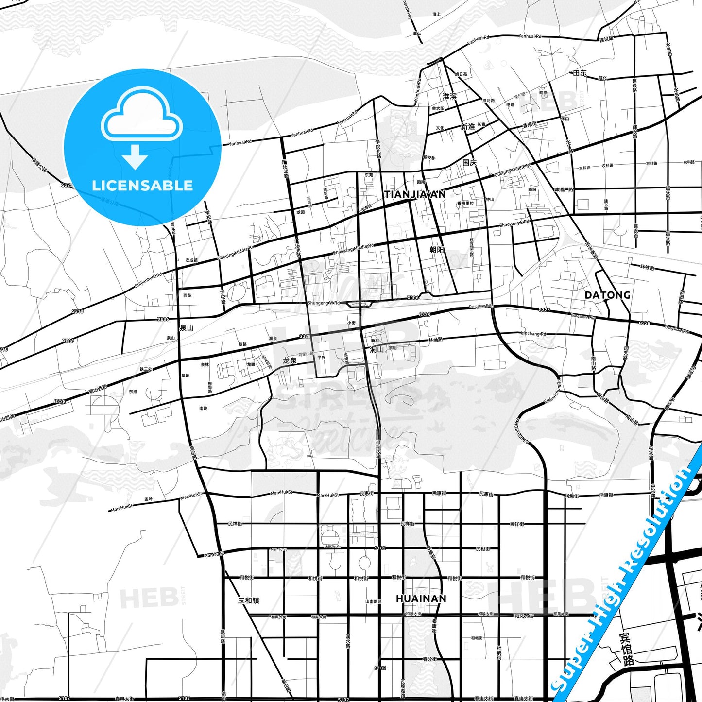 Huainan, China Light Map with Street Names, City Names, and Districts