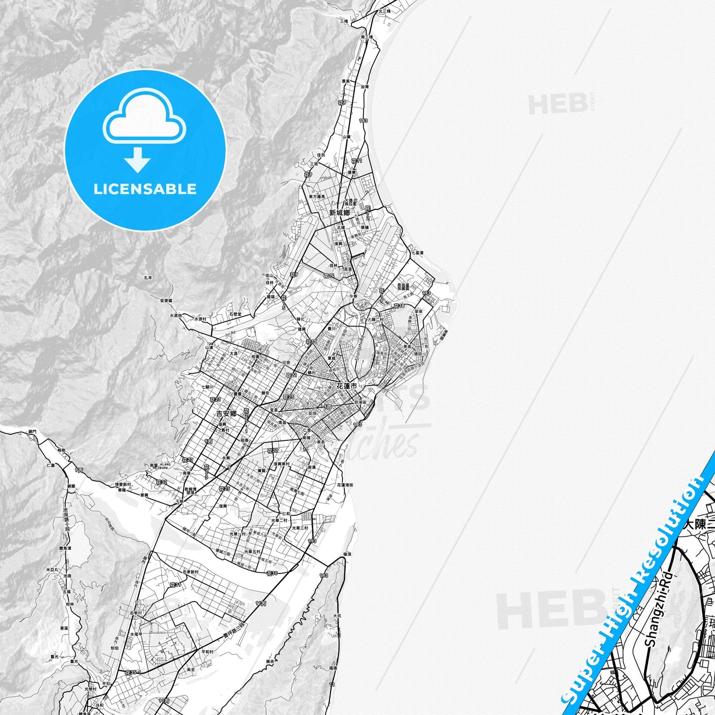 Hualien, Taiwan light map with streetnames, citynames and districts