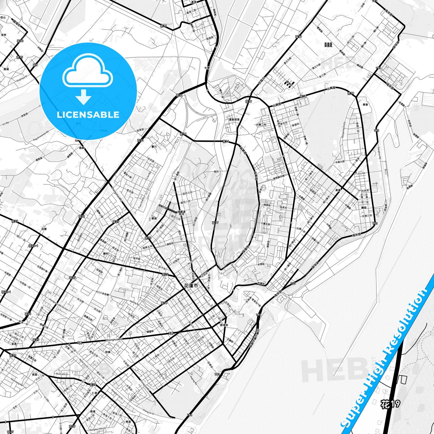 Hualien, Taiwan Light Map with Street Names, City Names, and Districts