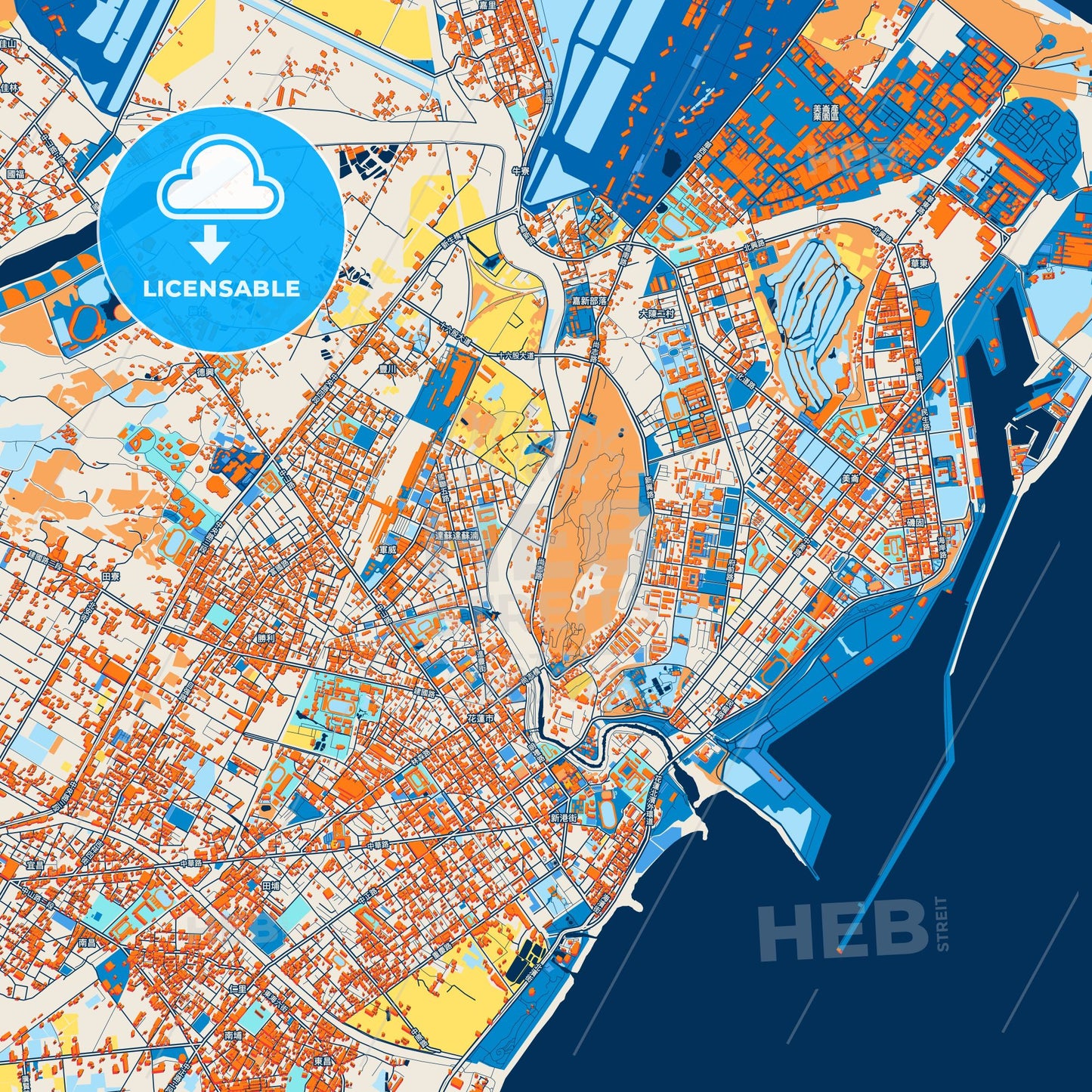 Colorful Hualien Street Map with Labels and Buildings