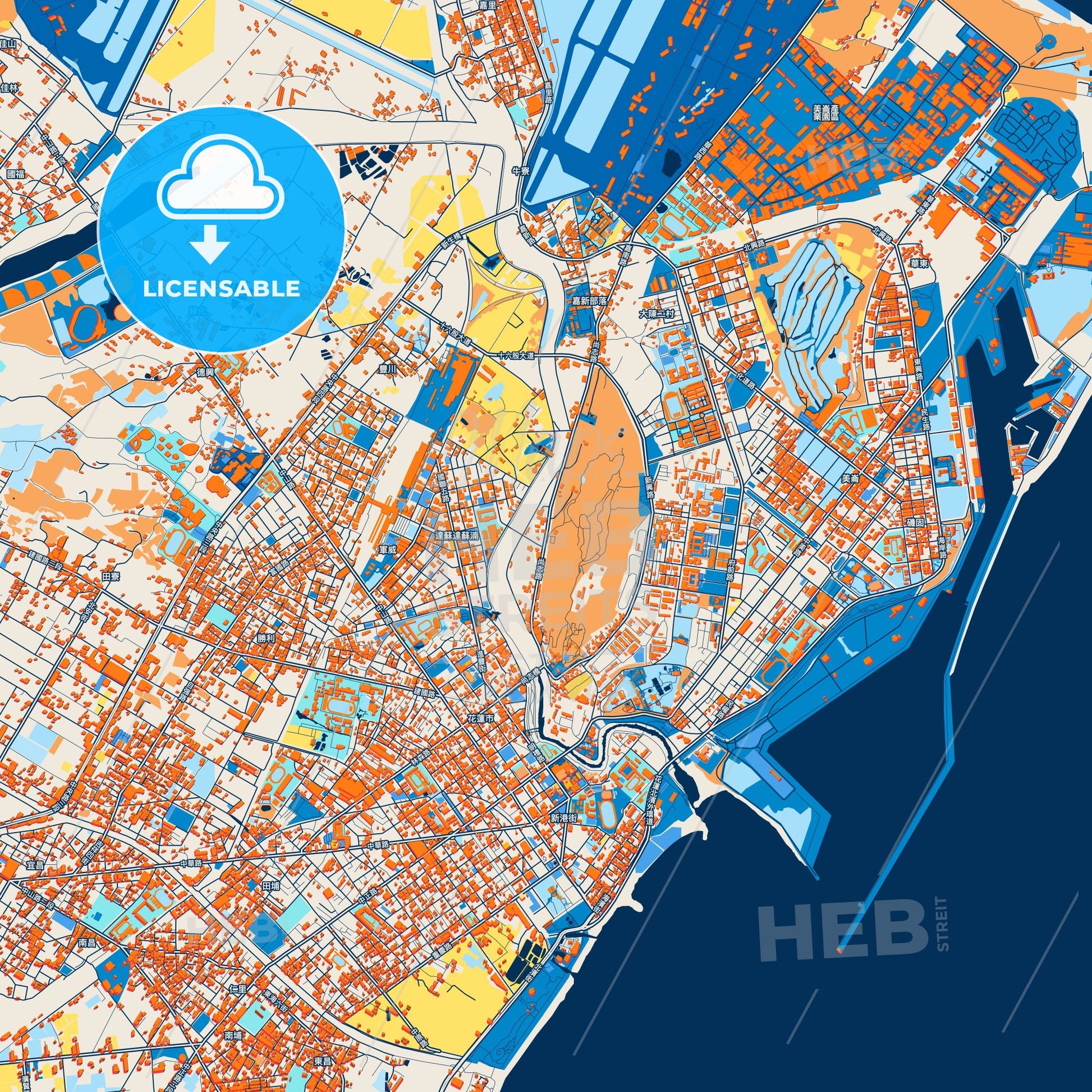 Colorful Hualien Street Map with Labels and Buildings