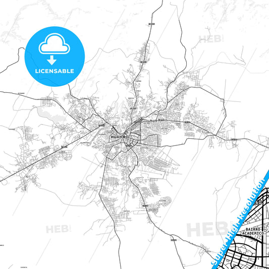 Huambo, Angola light map with streetnames, citynames and districts