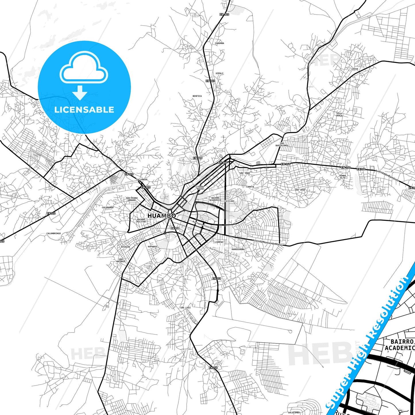 Huambo, Angola Light Map with Street Names, City Names, and Districts