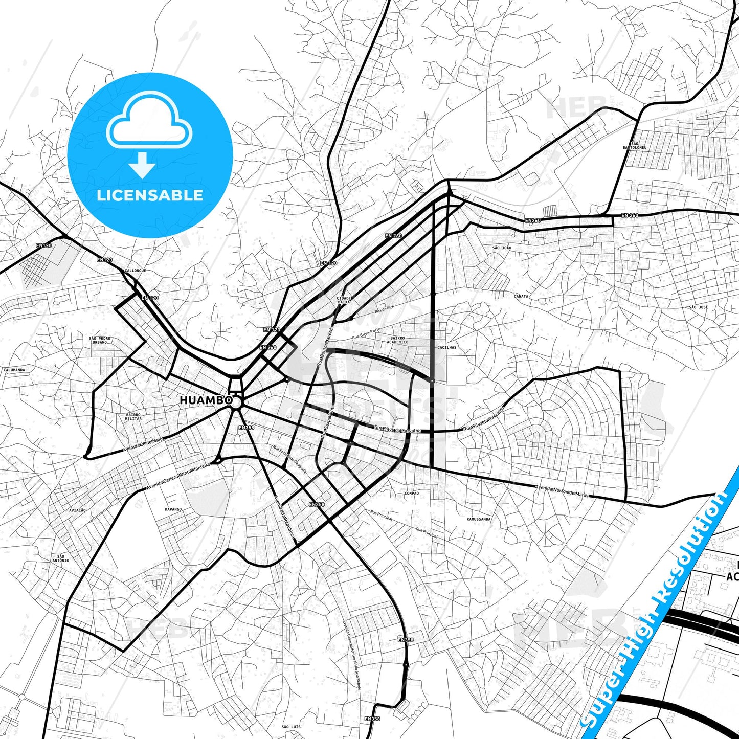 Huambo, Angola Light Map with Street Names, City Names, and Districts
