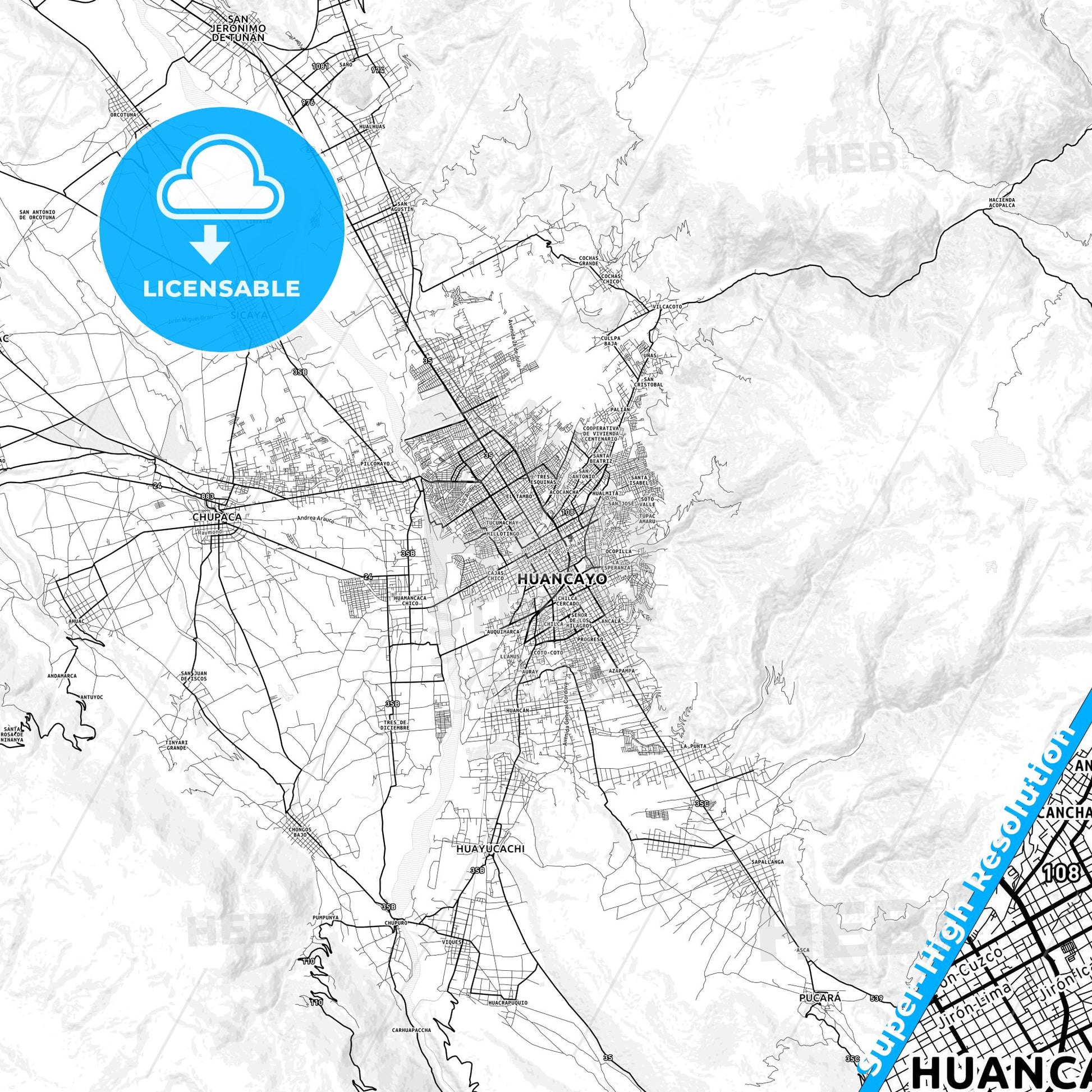 Huancayo, Peru light map with streetnames, citynames and districts